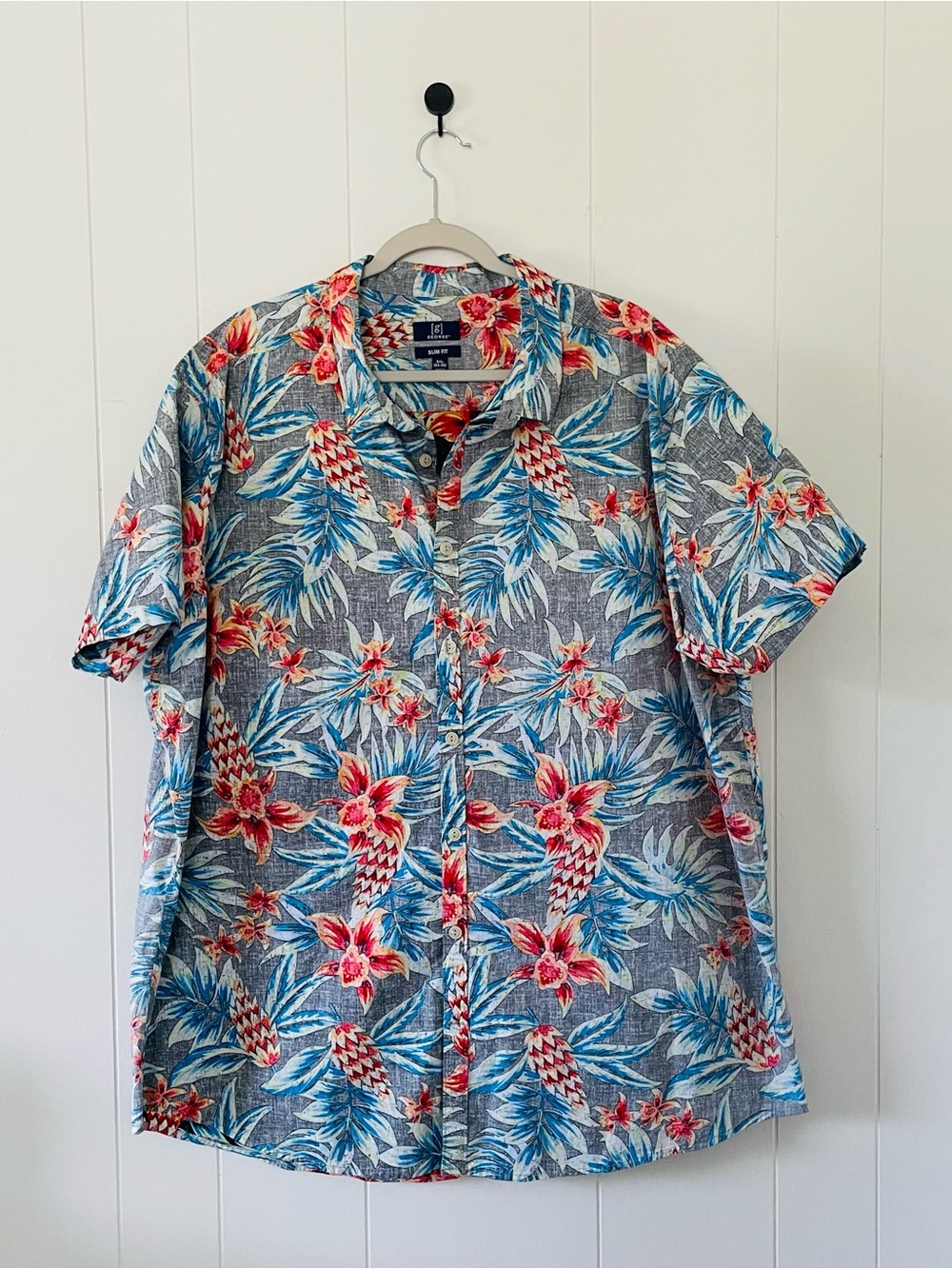George Blue and Red Tropical Floral Short-Sleeve Button-Up Shirt
